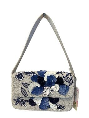 NWT Handcrafted White Beaded Shoulder Bag with Blue Floral Appliqué